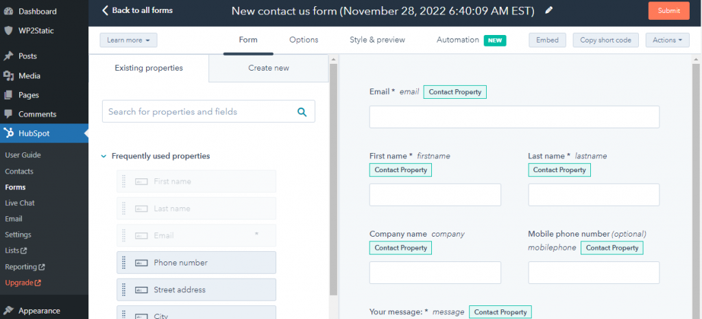 HubSpot form builder tool WordPress plugin